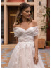 Off Shoulder Ivory Lace Blush Tulle Wedding Dress